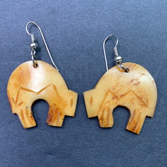 Tribal Bear Bone Earrings – Carved Totem Style Boho Dangle Jewelry - Picture 1 of 6
